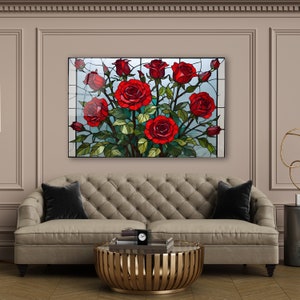 Red Roses Stained Glass Wall Art, Flower Tempered Glass Decor, Living ...