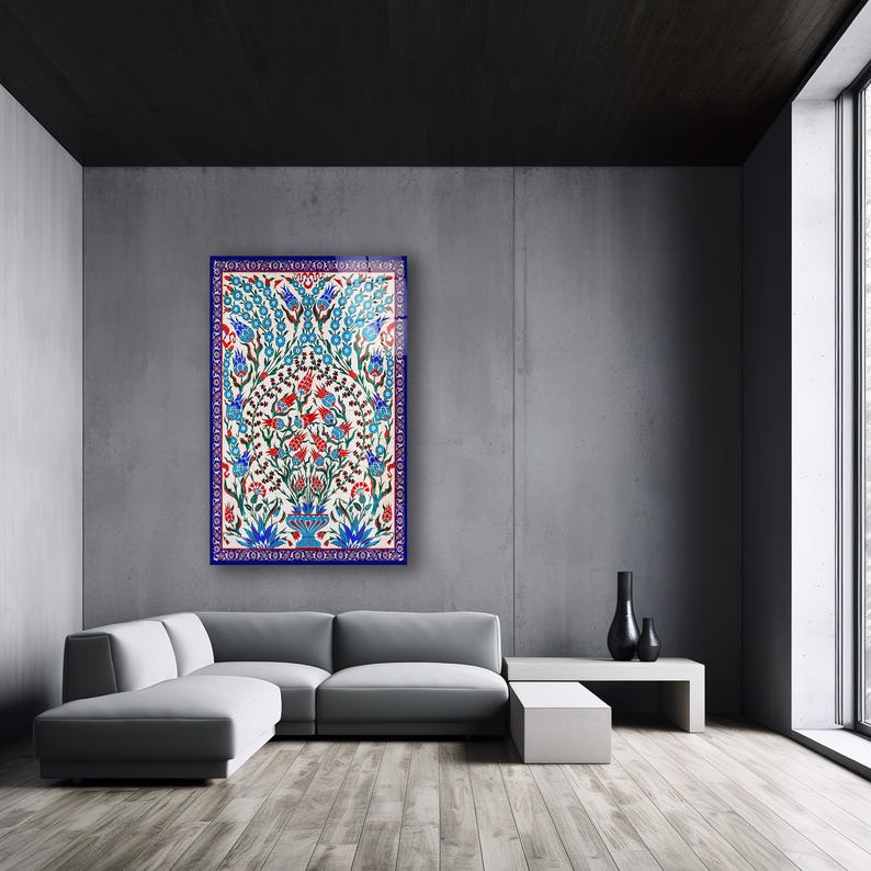 Turkish Iznik Floral Pattern Glass Wall Art, Traditional Islamic Tile Tempered Glass, Ottoman Tile Decor, Anniversary Gifts, Glass Print