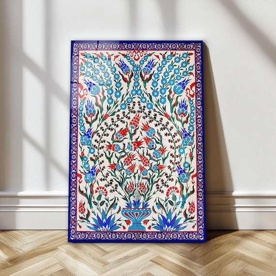 Turkish Iznik Floral Pattern Glass Wall Art, Traditional Islamic Tile Tempered Glass, Ottoman Tile Decor, Mother's Day Gifts, Glass Print