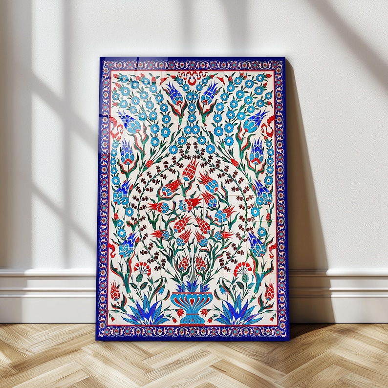 Turkish Iznik Floral Pattern Glass Wall Art, Traditional Islamic Tile Tempered Glass, Ottoman Tile Decor, Anniversary Gifts, Glass Print