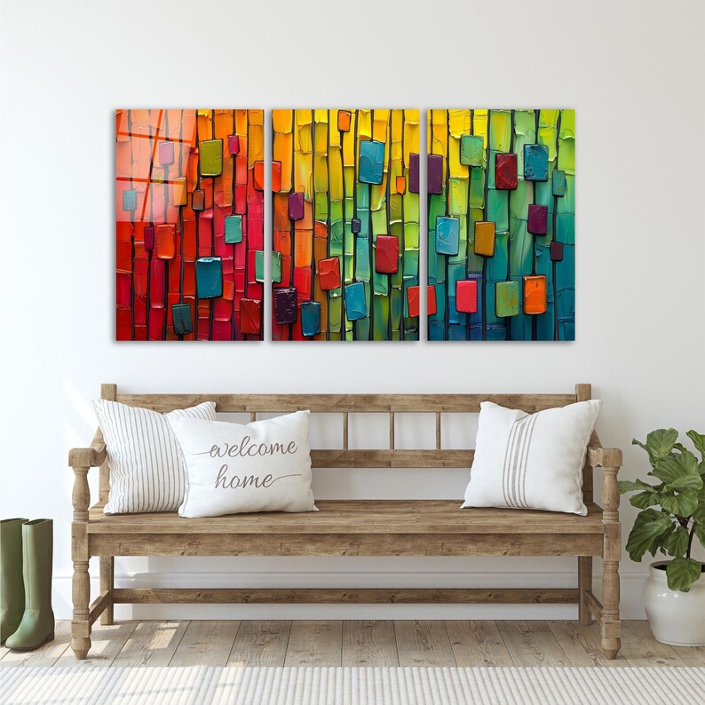 Triple Colorful Modern Glass Wall Art, Minimal Abstract Tempered Glass