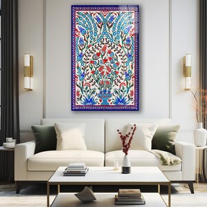 Turkish Iznik Floral Pattern Glass Wall Art, Traditional Islamic Tile Tempered Glass, Ottoman Tile Decor, Anniversary Gifts, Glass Print