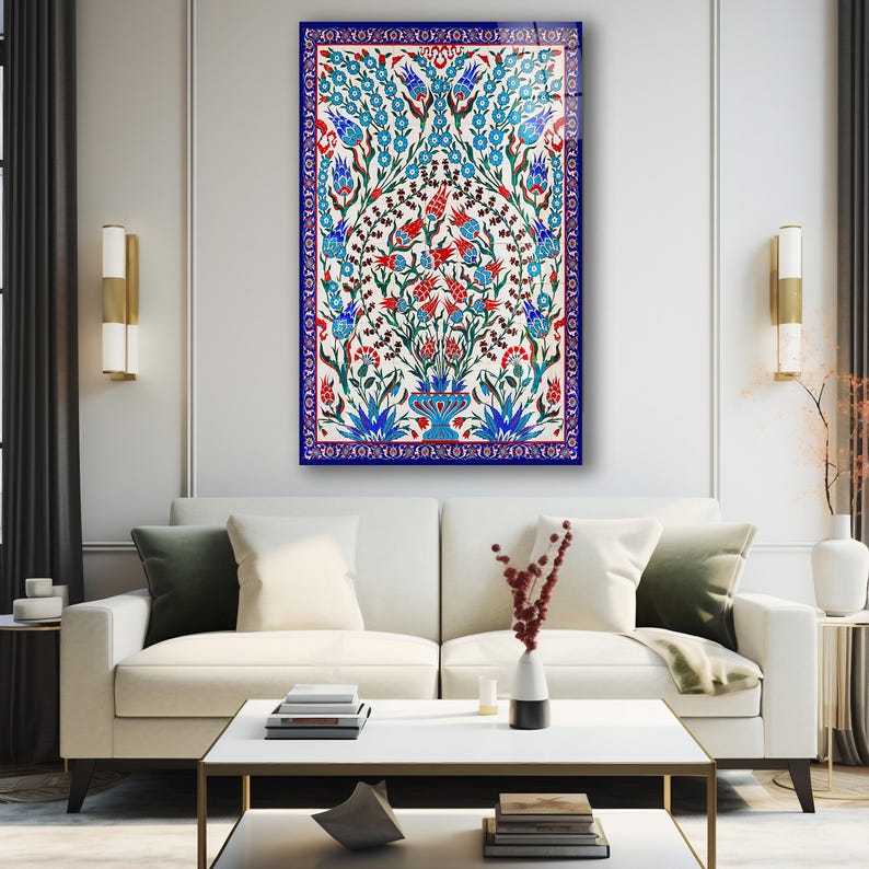 Turkish Iznik Floral Pattern Glass Wall Art, Traditional Islamic Tile Tempered Glass, Ottoman Tile Decor, Anniversary Gifts, Glass Print