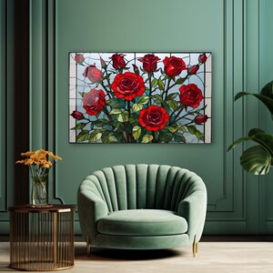 Red Roses Stained Glass Wall Art, Flower Tempered Glass Decor, Living ...