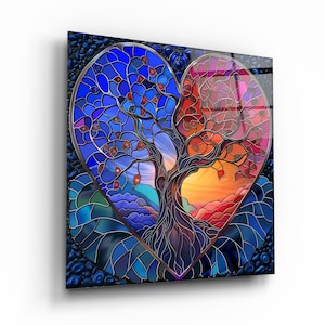 Heart Shaped Stained Glass Tree of Life, Tree of Life Tempered Glass Wall Art, Living Room Art, New Home Gifts, Anniversary Gift, Home Decor