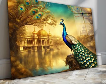 Beautiful Peacock Glass Wall Art, Elegant Gold Detailed Tempered Glass Decor, Living Room Art, Luxury Decor, Valentine's Gifts, Home Decor