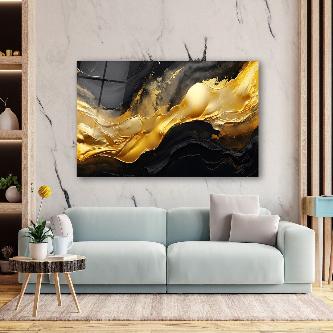 Black Gold Marble Glass Wall Art, Abstract Tempered Glass Decor, Modern ...