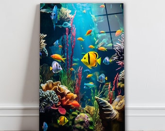 Colorful Fish Glass Wall Art, Underwater Tempered Glass Wall Decor, Unique Gifts, Anniversary Gifts, Aquarium Wall Art, Living Room Art