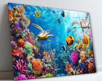 Colorful Fish & Sea Turtles Glass Wall Art, Aquarium Tempered Glass Decor, Coral Reef Art, Ocean Wall Art, Anniversary Gifts, Glass Print