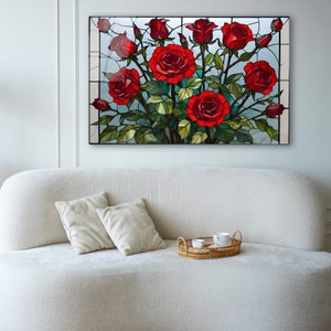 Red Roses Stained Glass Wall Art, Flower Tempered Glass Decor, Living ...
