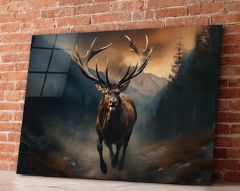 Wild Elk Glass Wall Art, Deer Tempered Glass Decor, Modern Animal Wall Art, Gifts For Him, Office Wall Decor, Anniversary Gift, Glass Print