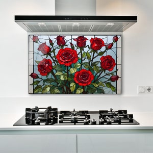 Red Roses Stained Glass Wall Art, Flower Tempered Glass Decor, Living ...