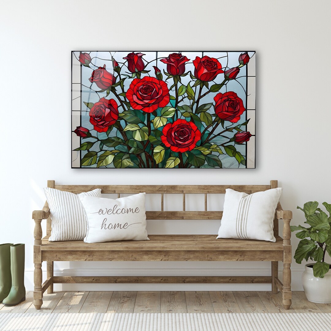 Red Roses Stained Glass Wall Art, Flower Tempered Glass Decor, Living ...