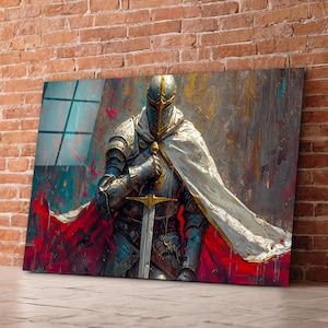 Medieval Knight with Armor Tempered Glass Wall Art, Knight Painting, Gifts for Him, Man Cave Wall Decor, Medieval Wall Art, Wall Hangings