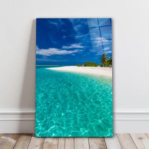 Art mural en verre plage turquoise, océan limpide sur verre trempé, décoration murale île tropicale, art mural salon, cadeaux de pendaison de crémaillère