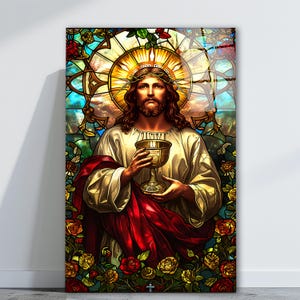 Jesus Christ Stained Glass Wall Art, Holy Communion Tempered Glass Decor, Living Room Art, Anniversary Gift, Christian Gift, Glass Printing
