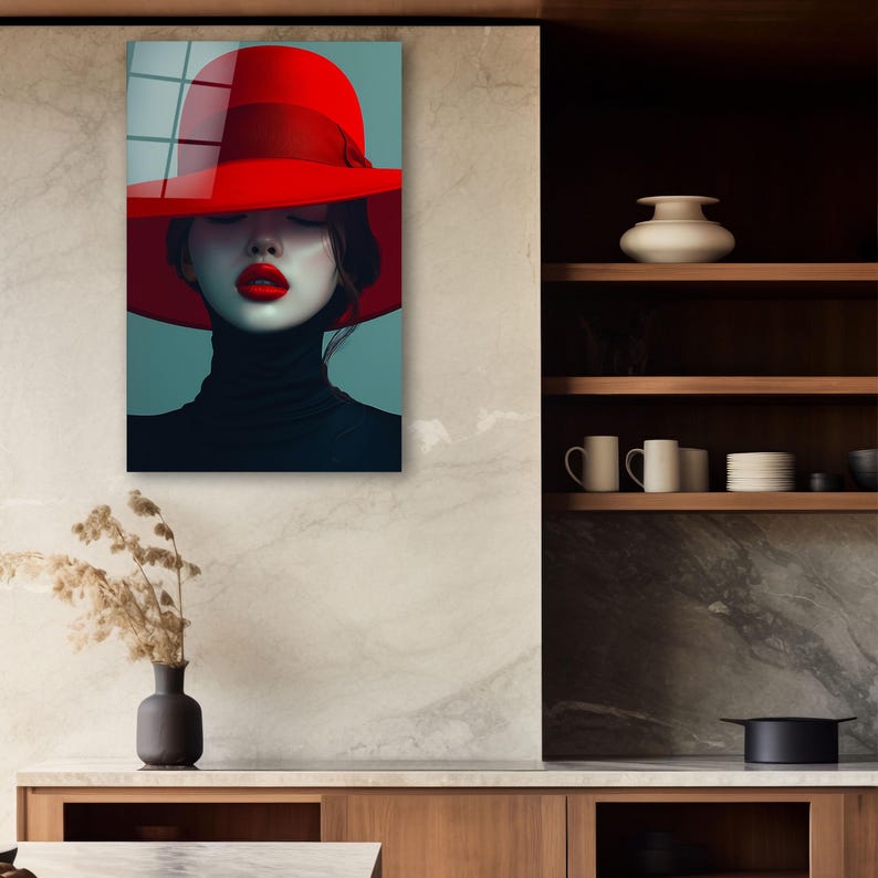 Lady in Red Glass Wall Art, Elegant Woman Tempered Glass Decor, Modern ...