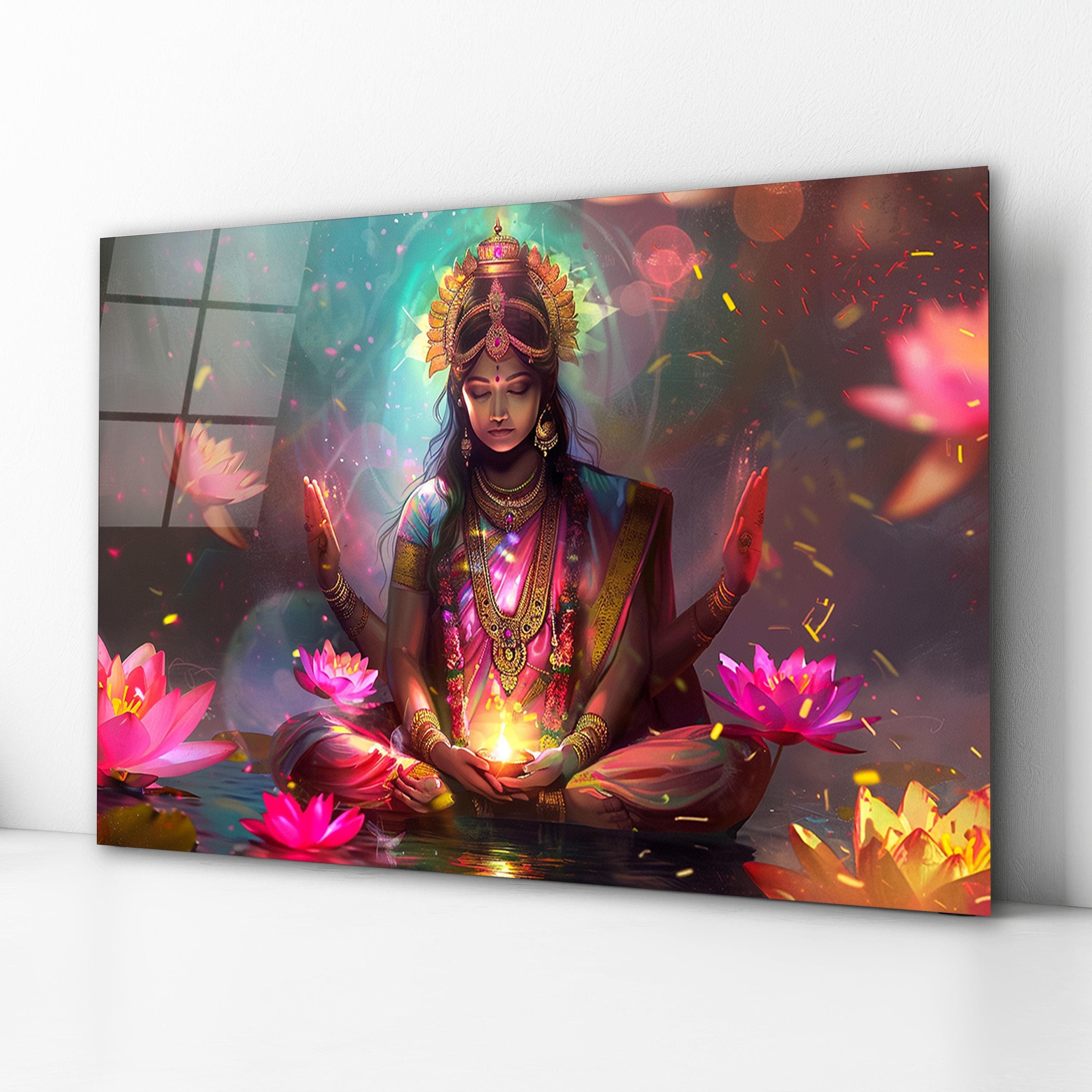 Lakshmi Tempered Glass Wall Art, Laxmi Hindu Goddess Glass Decor, Hindu Gifts, New Home Gifts, Wedding Gifts, Anniversary Gifts, Home Decor