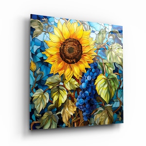 Decoración de pared con girasoles, arte floral de vidrio templado, impresión de girasol con efecto vitral, regalos de aniversario, regalos de inauguración de la casa