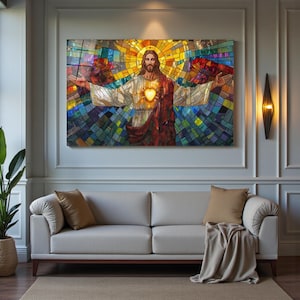 Jesus Christ Glass Wall Art, Colorful Religious Stained Tempered Glass Wall Decor, Living Room Art, Christmas Gifts, Christian Gifts
