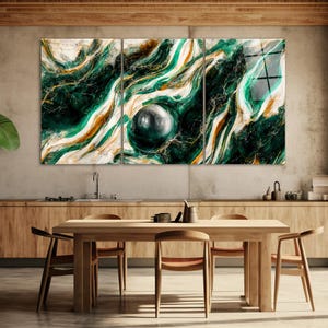 Arte de pared de vidrio de mármol verde de 3 paneles, decoración de vidrio templado moderno triple, arte de pared abstracto, decoración de pared de 3 piezas, arte de sala de estar, impresión de vidrio
