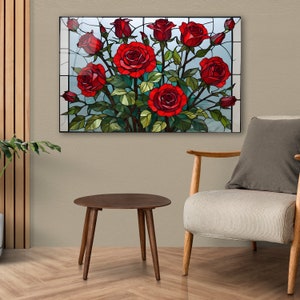 Red Roses Stained Glass Wall Art, Flower Tempered Glass Decor, Living ...