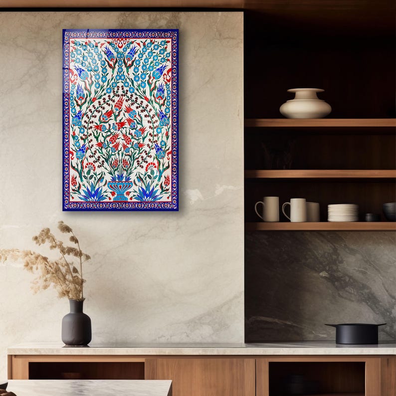 Turkish Iznik Floral Pattern Glass Wall Art, Traditional Islamic Tile Tempered Glass, Ottoman Tile Decor, Anniversary Gifts, Glass Print