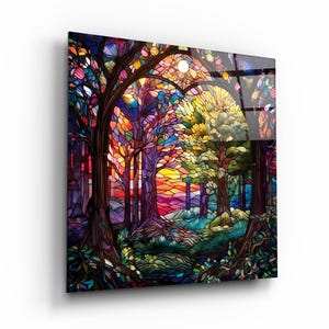 Stained Glass Effect Wall Art, Tree Glass Wall Decor, Colorful Forest Glass Print, Living Room Art, Housewarming Gift, Interior Design Ideas