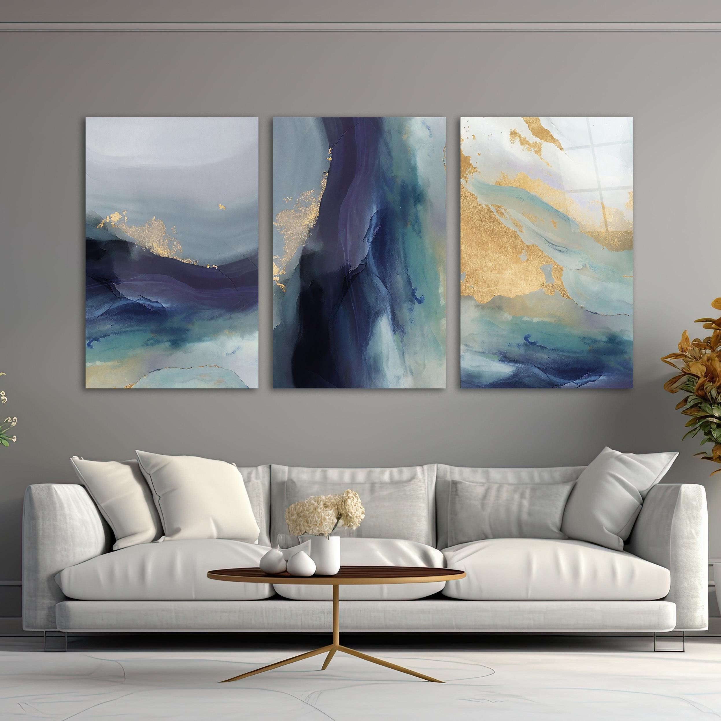 Triptych Abstract Blue Gold Wall Decor, Tempered Glass Triple Modern
