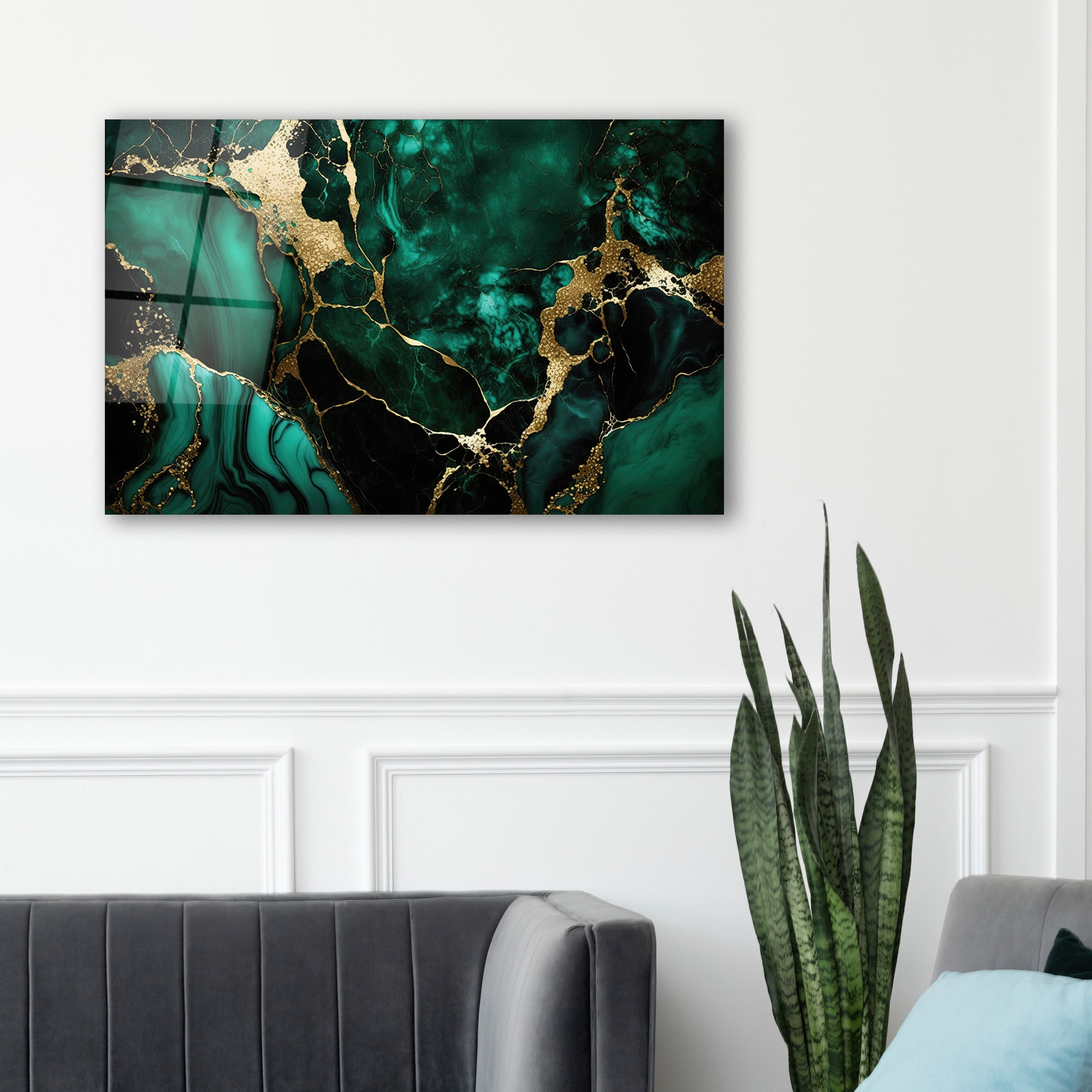 Green Gold Marble Abstract Tempered Glass Wall Art, Modern Wall Decor ...