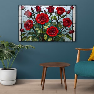 Red Roses Stained Glass Wall Art, Flower Tempered Glass Decor, Living ...