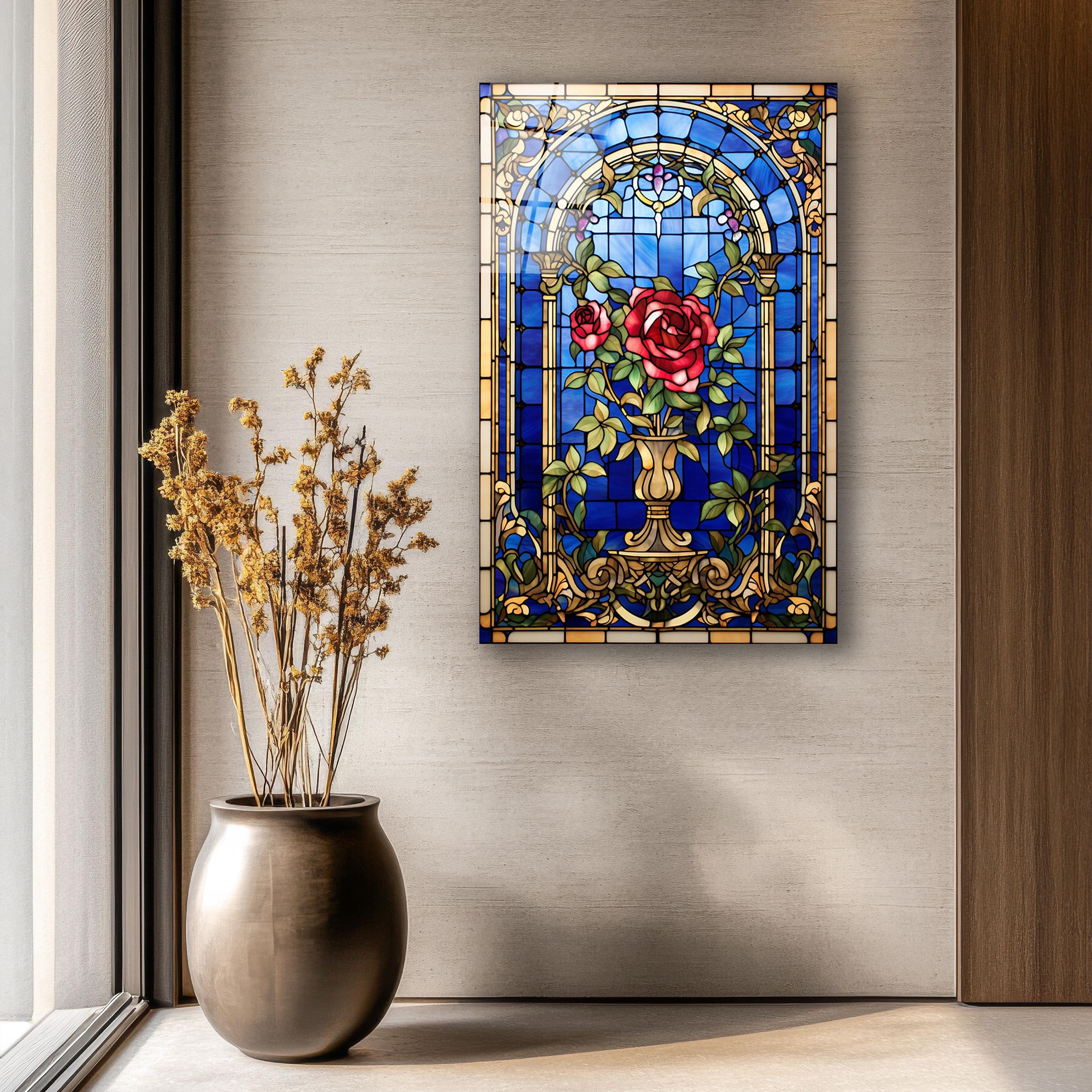 Stained Glass Effect Red Roses Wall Art, Tempered Glass Rose Wall Decor ...