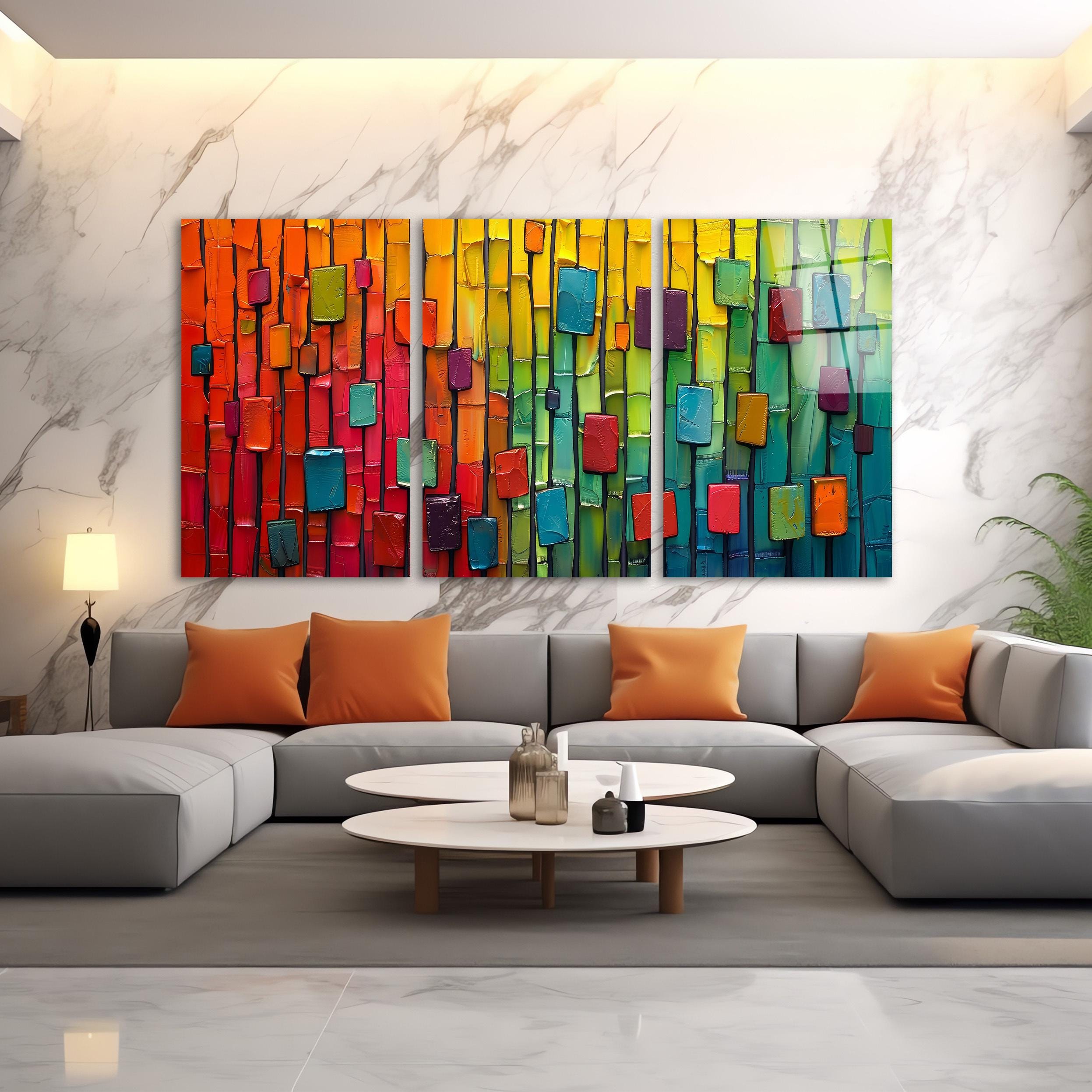 Triple Colorful Modern Glass Wall Art, Minimal Abstract Tempered Glass ...