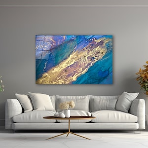 Blue Gold Marble Glass Wall Art, Abstract Tempered Glass Decor, Modern Wall Art, Interior Design Ideas, Anniversary Gifts, Contemporary Art