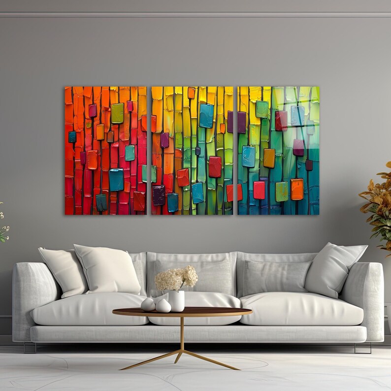 Triple Colorful Modern Glass Wall Art, Minimal Abstract Tempered Glass