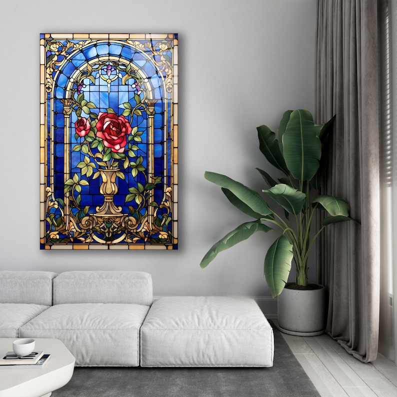 Stained Glass Effect Red Roses Wall Art, Tempered Glass Rose Wall Decor ...