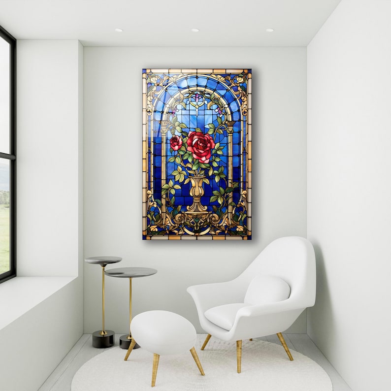 Stained Glass Effect Red Roses Wall Art, Tempered Glass Rose Wall Decor ...