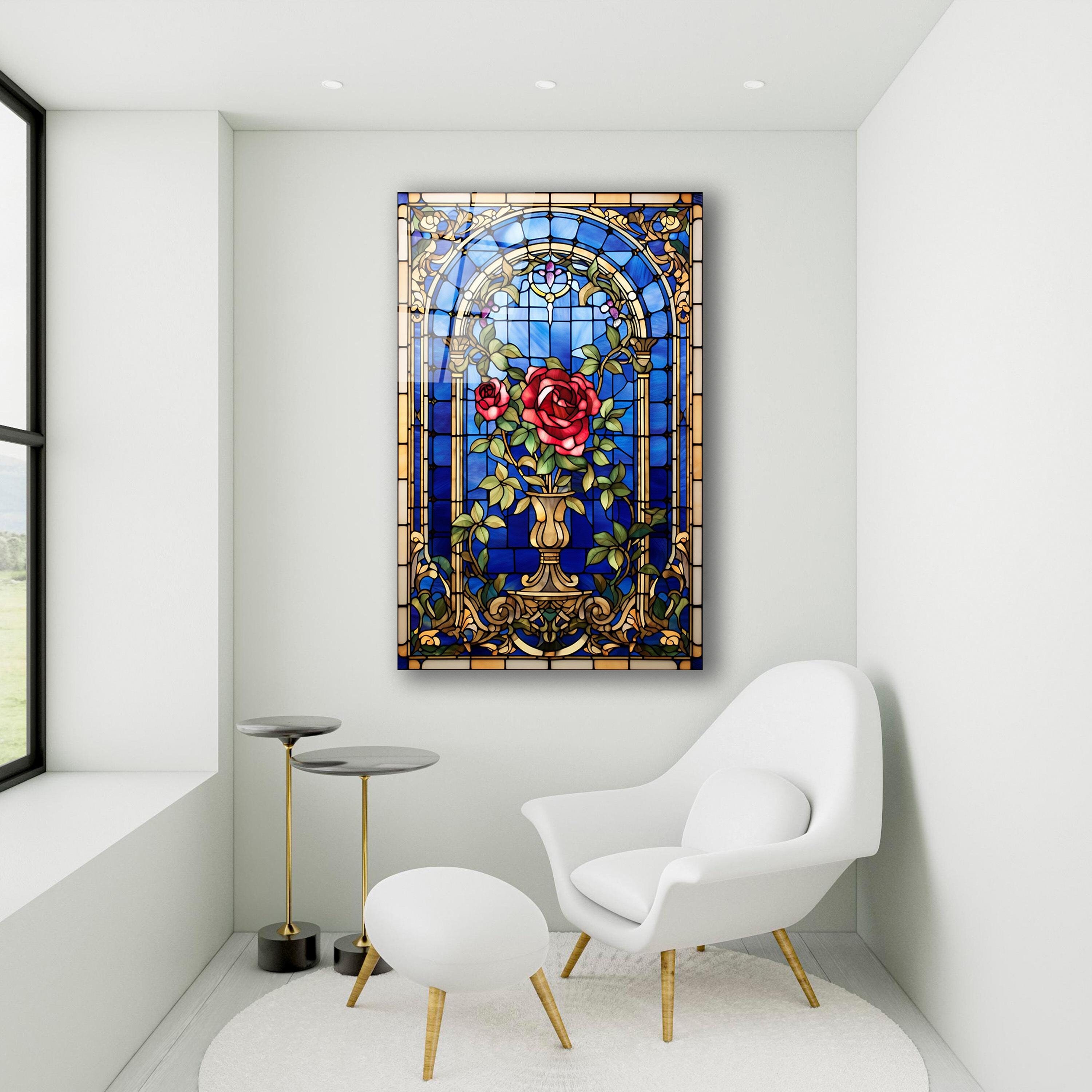 Stained Glass Effect Red Roses Wall Art, Tempered Glass Rose Wall Decor ...