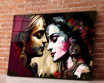 Radha Krishna-målning i glas, hinduisk väggdekoration i härdat glas, presenter till nya hem, hinduiska presenter, väggbonader, jubileumspresenter