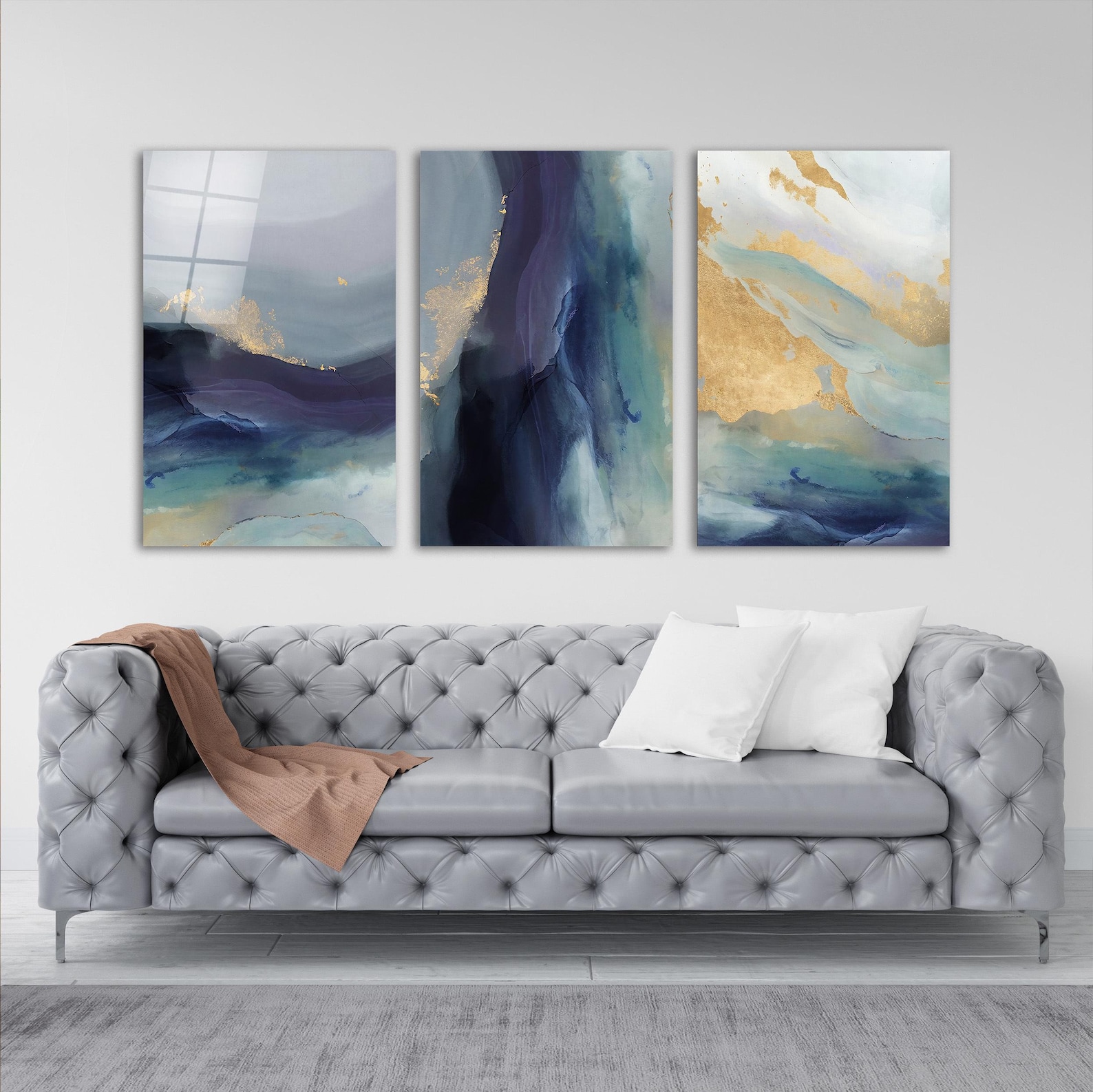 Triptych Abstract Blue Gold Wall Decor, Tempered Glass Triple Modern