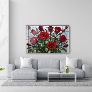 Red Roses Stained Glass Wall Art, Flower Tempered Glass Decor, Living ...