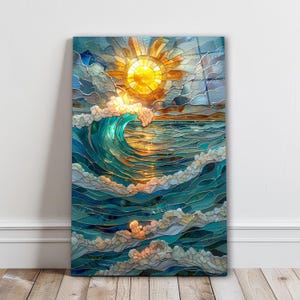 Arte mural de vitrales con océano, decoración de pared de vidrio templado con olas y sol, elegante impresión de vidrio, arte para sala de estar, regalos de inauguración de la casa, tapices