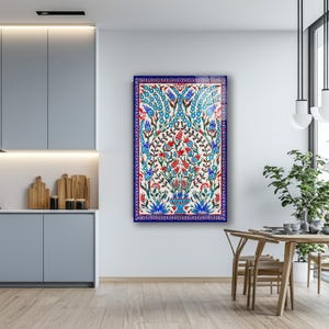Turkish Iznik Floral Pattern Glass Wall Art, Traditional Islamic Tile Tempered Glass, Ottoman Tile Decor, Anniversary Gifts, Glass Print