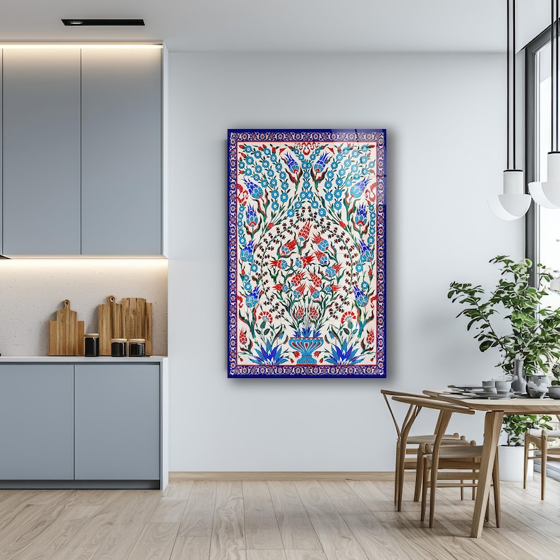 Turkish Iznik Floral Pattern Glass Wall Art, Traditional Islamic Tile Tempered Glass, Ottoman Tile Decor, Anniversary Gifts, Glass Print