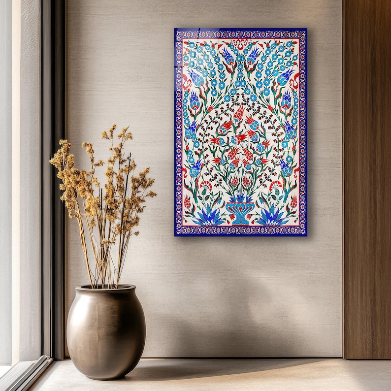 Turkish Iznik Floral Pattern Glass Wall Art, Traditional Islamic Tile Tempered Glass, Ottoman Tile Decor, Anniversary Gifts, Glass Print
