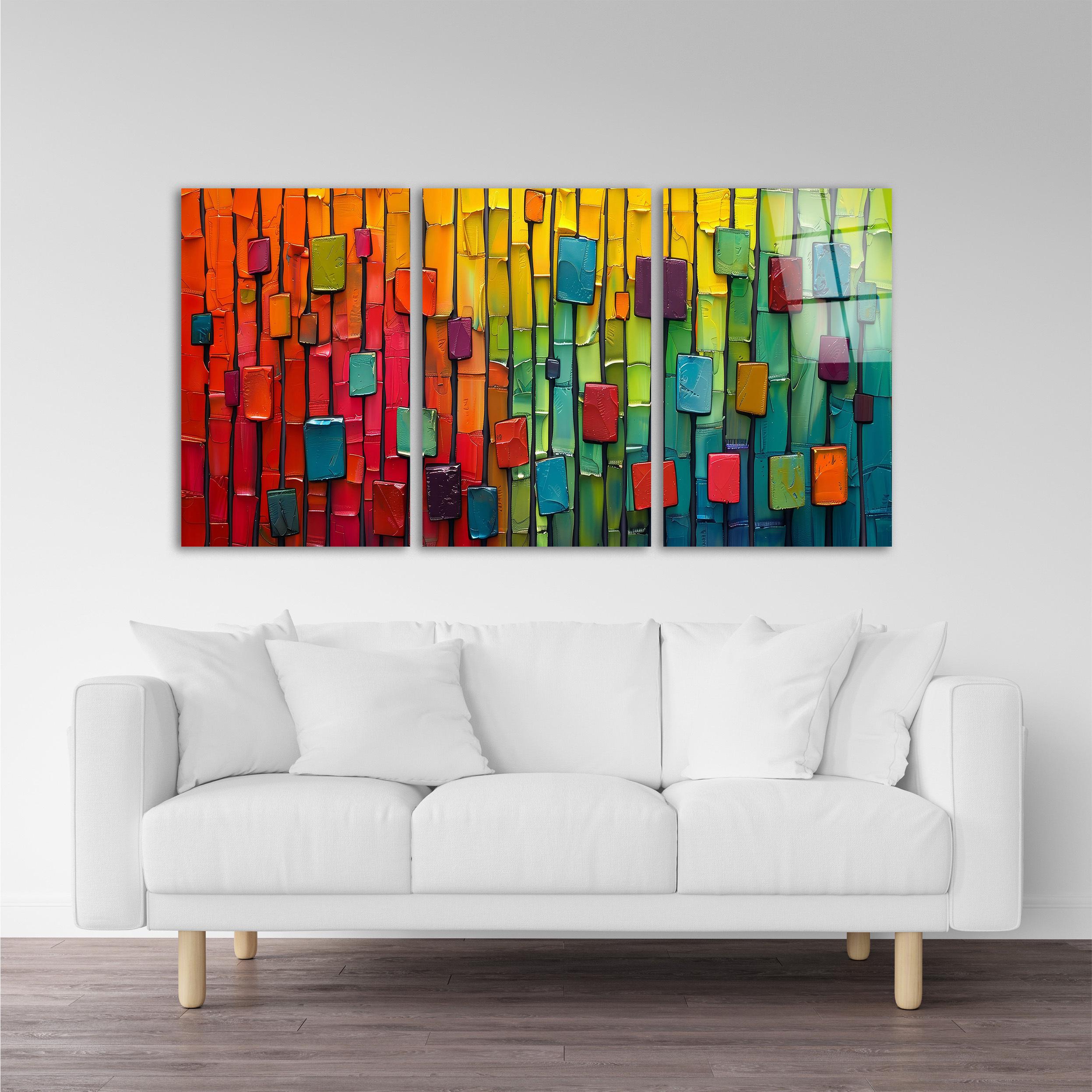 Triple Colorful Modern Glass Wall Art, Minimal Abstract Tempered Glass