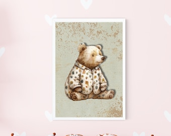 Cuddly bear in pajamas, Rustic decor, vintage teddy bear in pajamas print, neutral baby room, nursery wall art