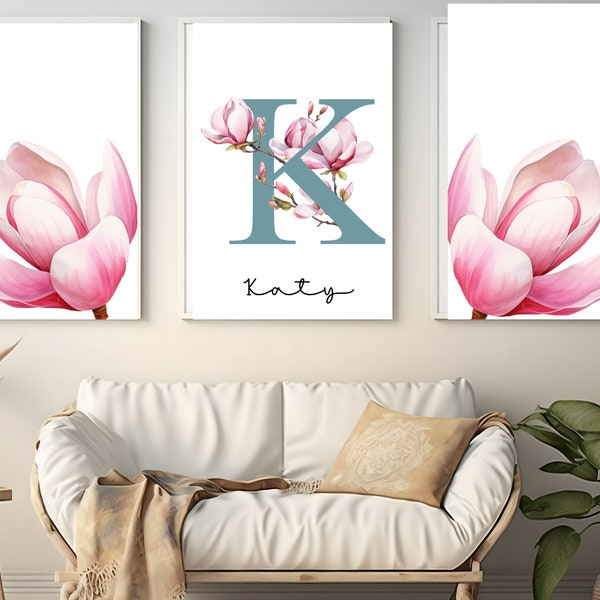 Cuadro digital imprimible floral estilo acuarela personalizado, boho magnolia, regalo baby shower, decoracion de habitacion adolescentes