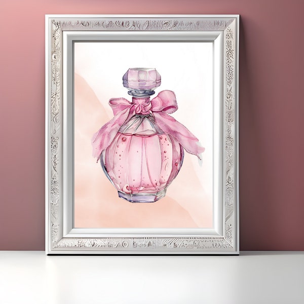 perfume bottle print with pink bow, French flirty room, pink preppy, bedroom decor, pink Balletcore wall art