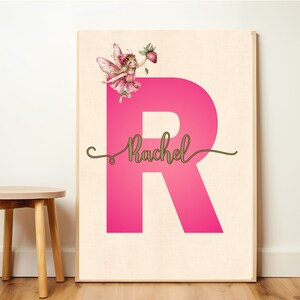 Puede incluir: Letra R rosa con un hada y el nombre Rachel escrito en cursiva marrón.